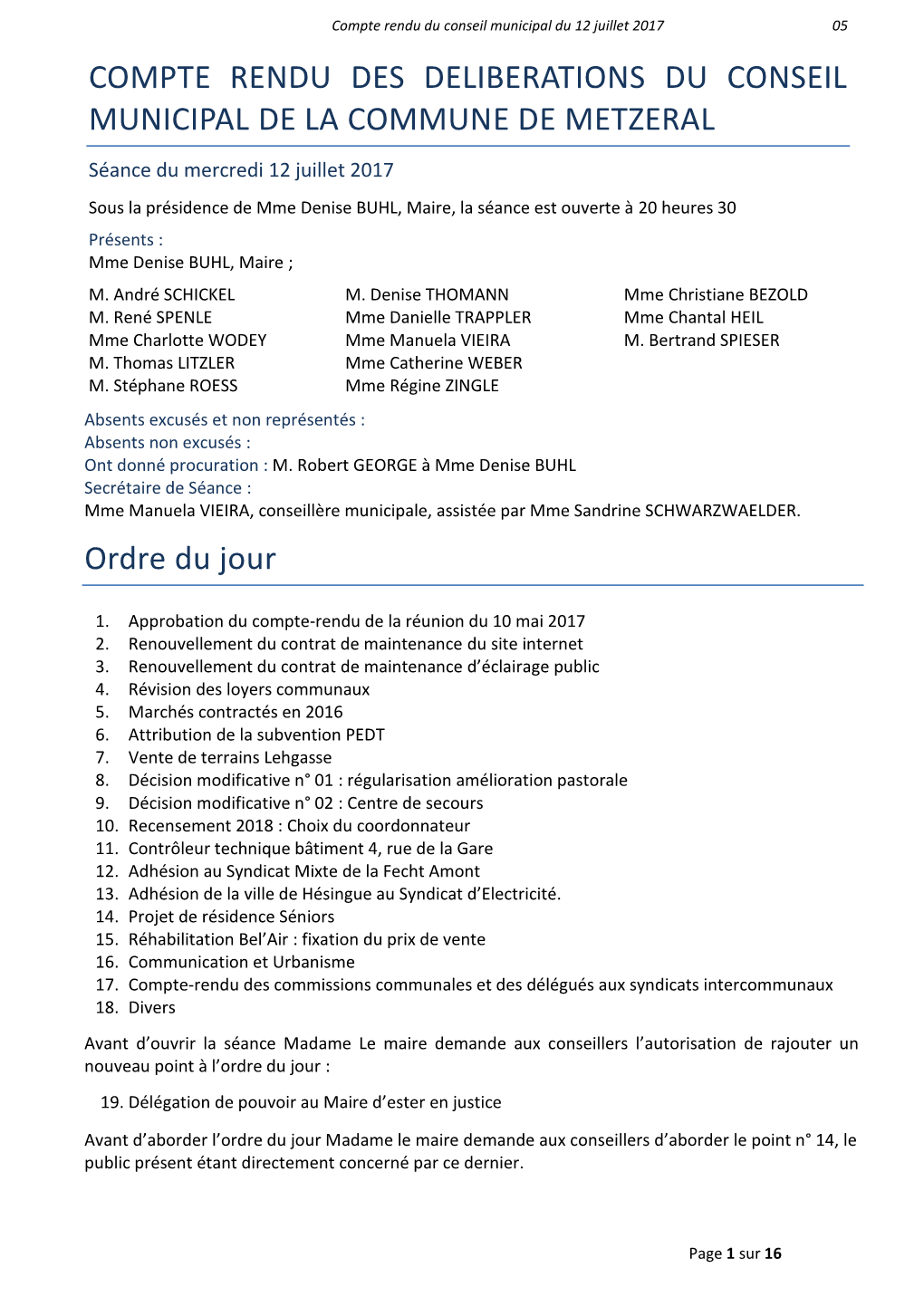 Compte Rendu Des Deliberations Du Conseil Municipal De La Commune De Metzeral