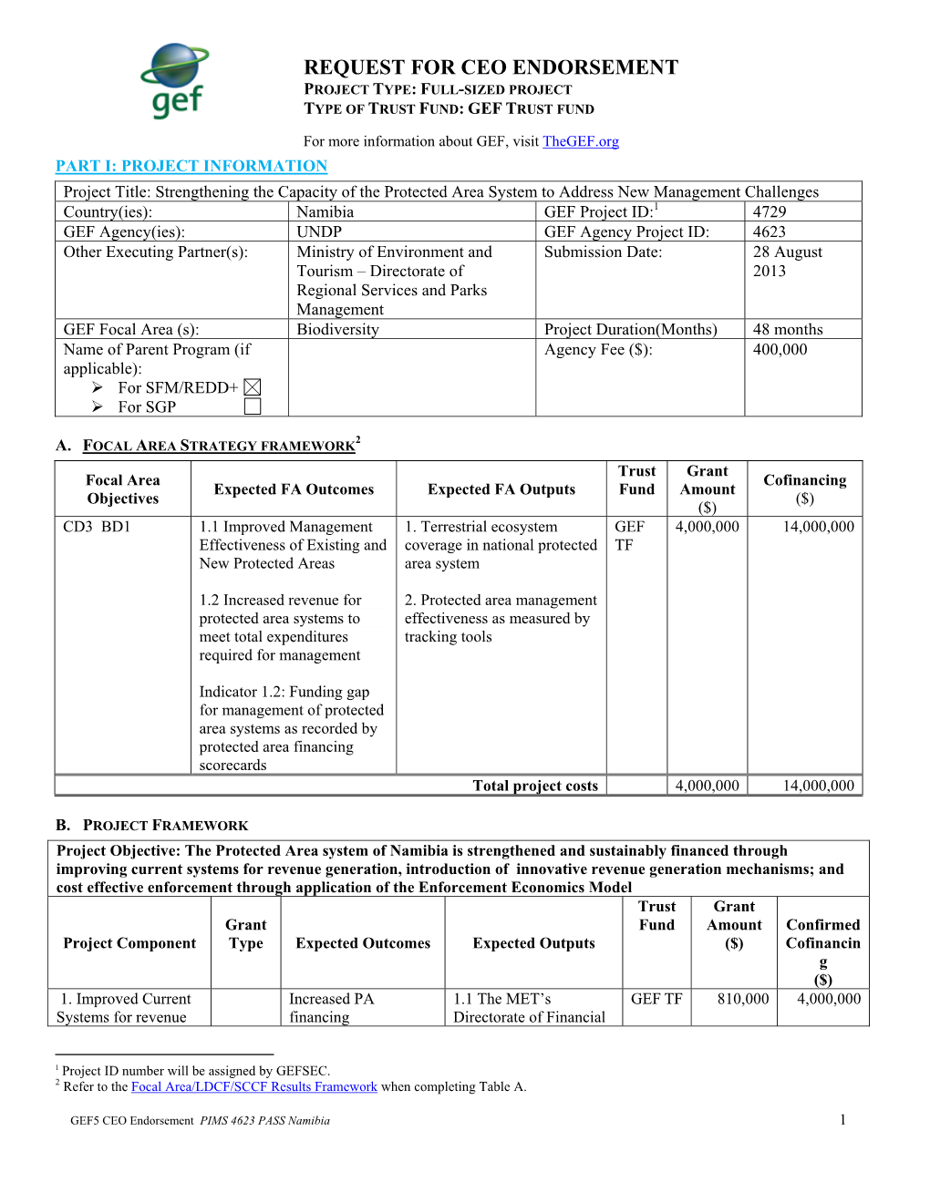 Request for Ceo Endorsement Project Type: Full-Sized Project Type of Trust Fund: Gef Trust Fund