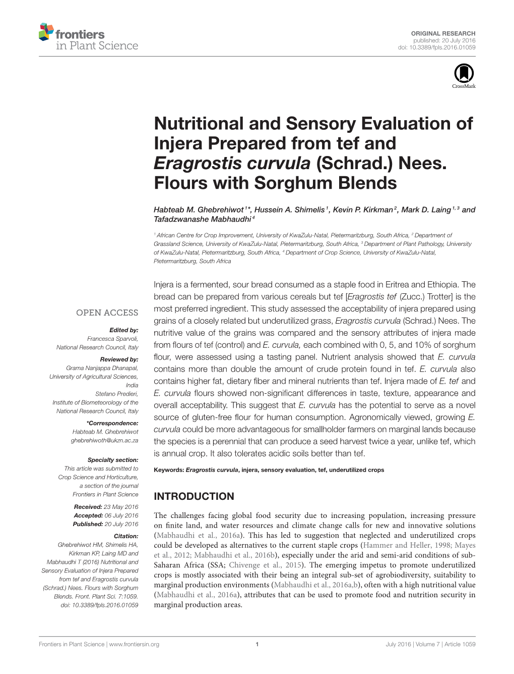 Nutritional and Sensory Evaluation of Injera Prepared from Tef and Eragrostis Curvula (Schrad.) Nees