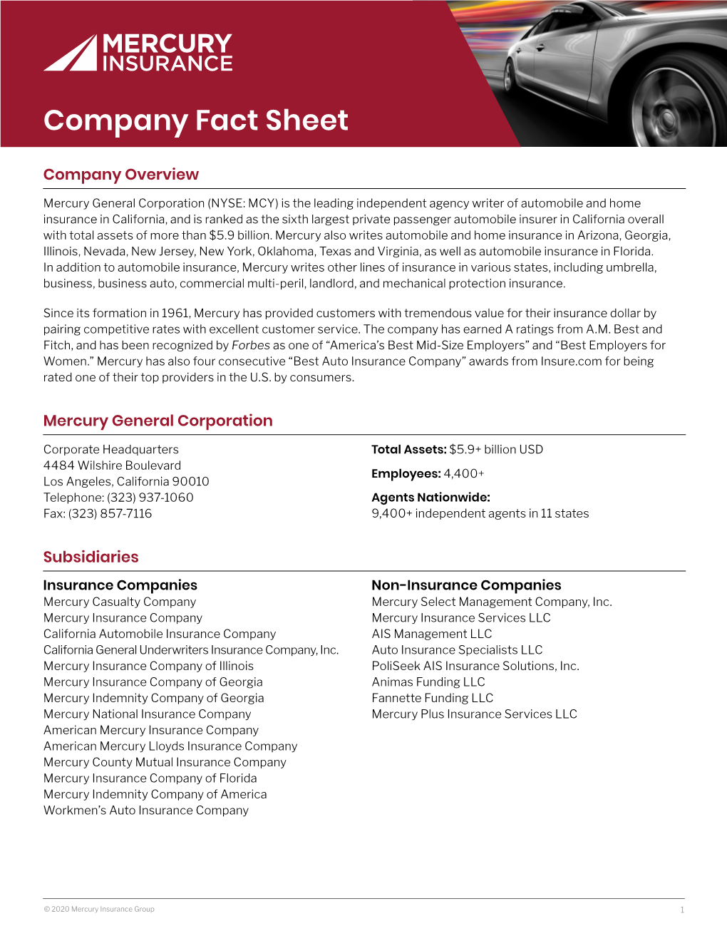 Mercury Insurance Company Fact Sheet