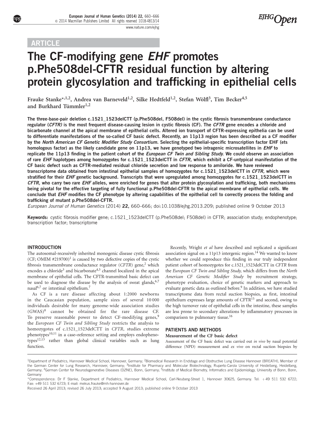 The CF-Modifying Gene EHF Promotes P.Phe508del-CFTR Residual Function by Altering Protein Glycosylation and Trafﬁcking in Epithelial Cells