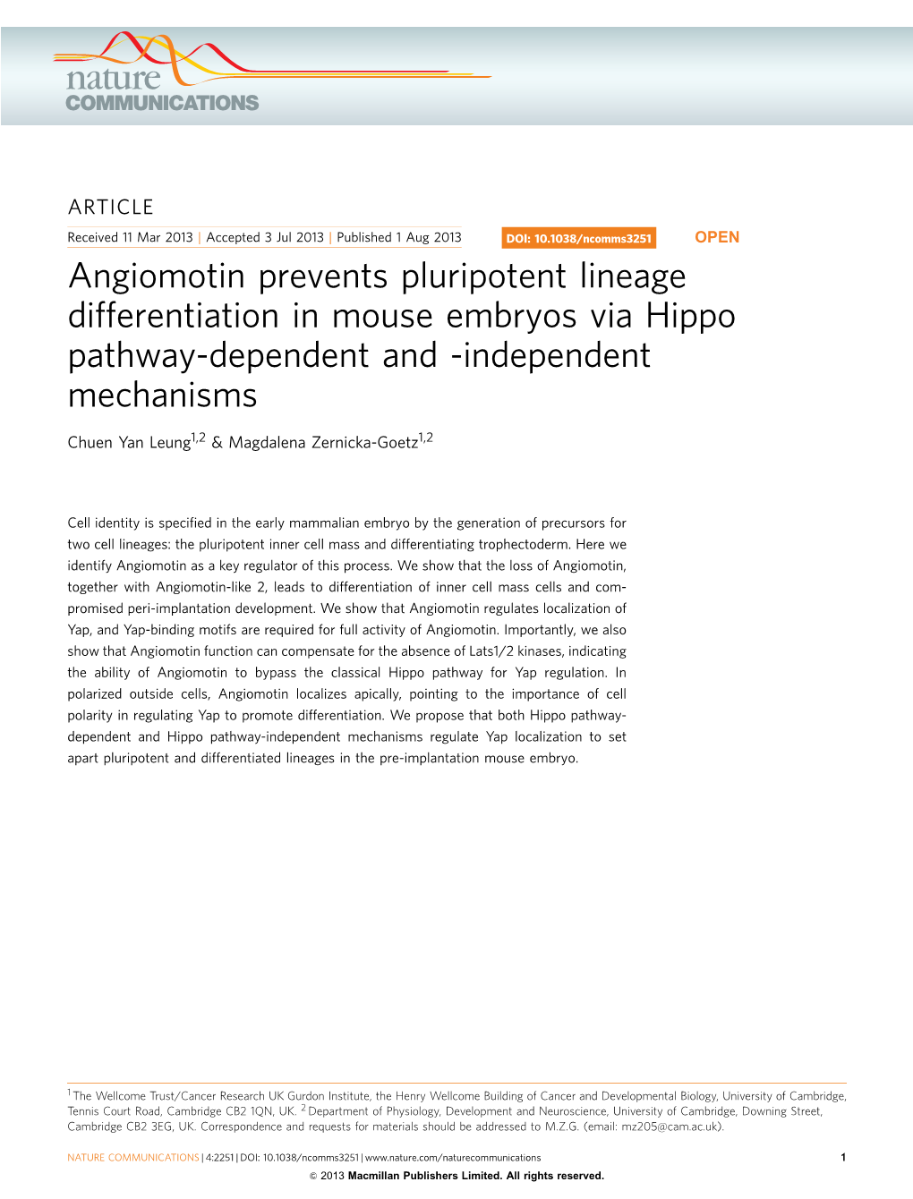 Angiomotin Prevents Pluripotent Lineage Differentiation in Mouse Embryos Via Hippo Pathway-Dependent and -Independent Mechanisms