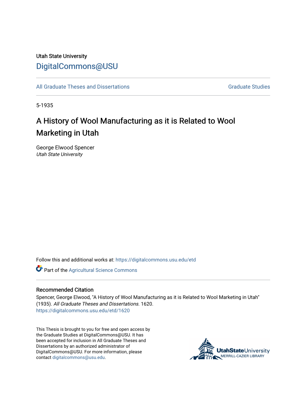 A History of Wool Manufacturing As It Is Related to Wool Marketing in Utah