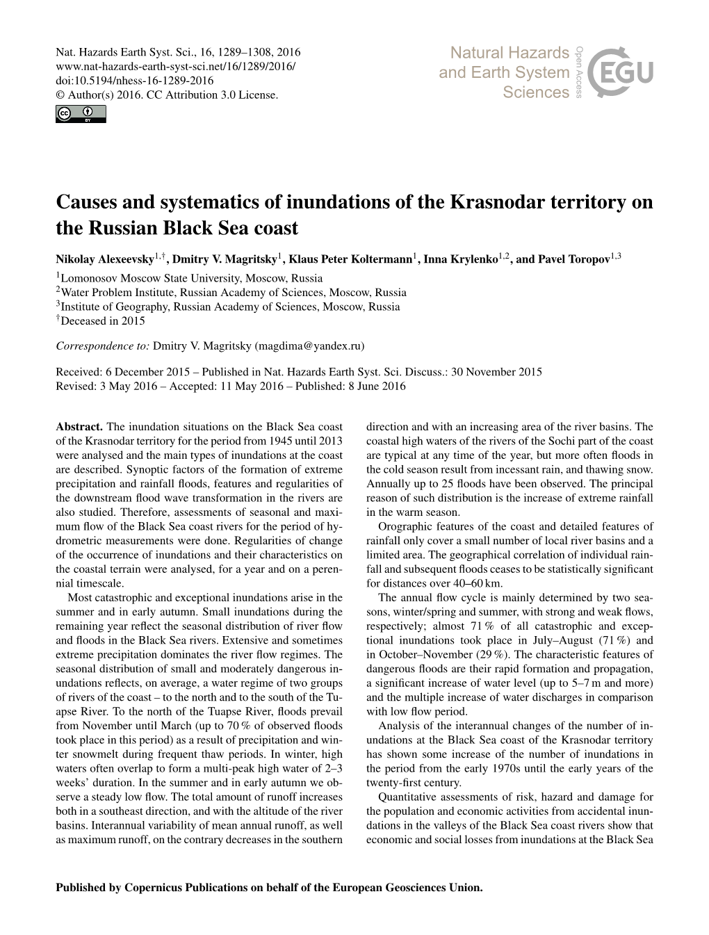 Causes and Systematics of Inundations of the Krasnodar Territory on the Russian Black Sea Coast