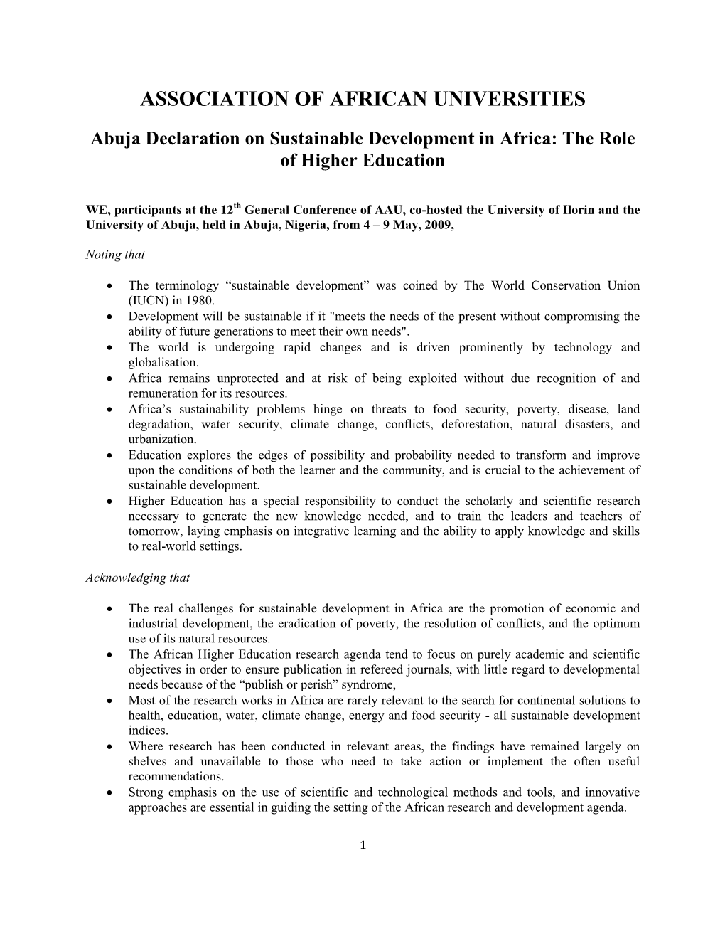 Abuja Declaration on Sustainable Development in Africa: the Role of Higher Education