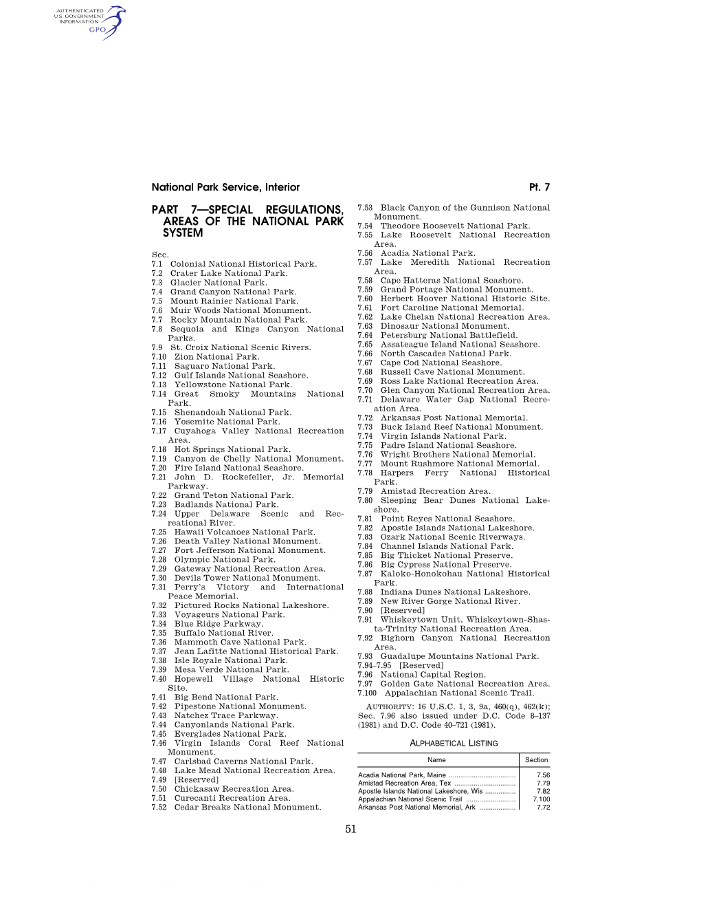 51 Part 7—Special Regulations, Areas of The