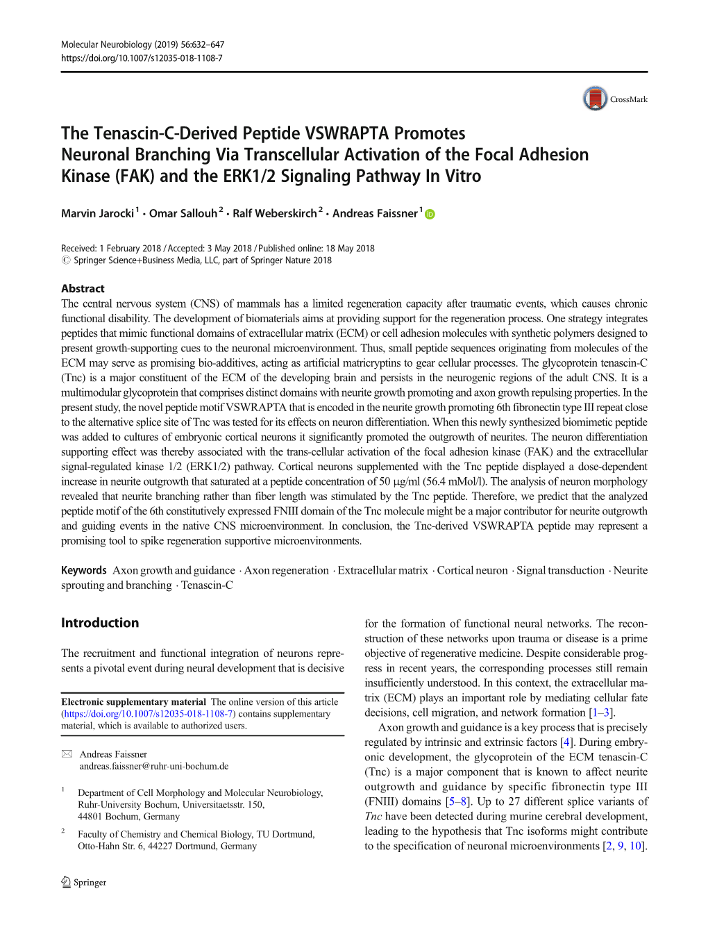 The Tenascin-C-Derived Peptide VSWRAPTA Promotes Neuronal