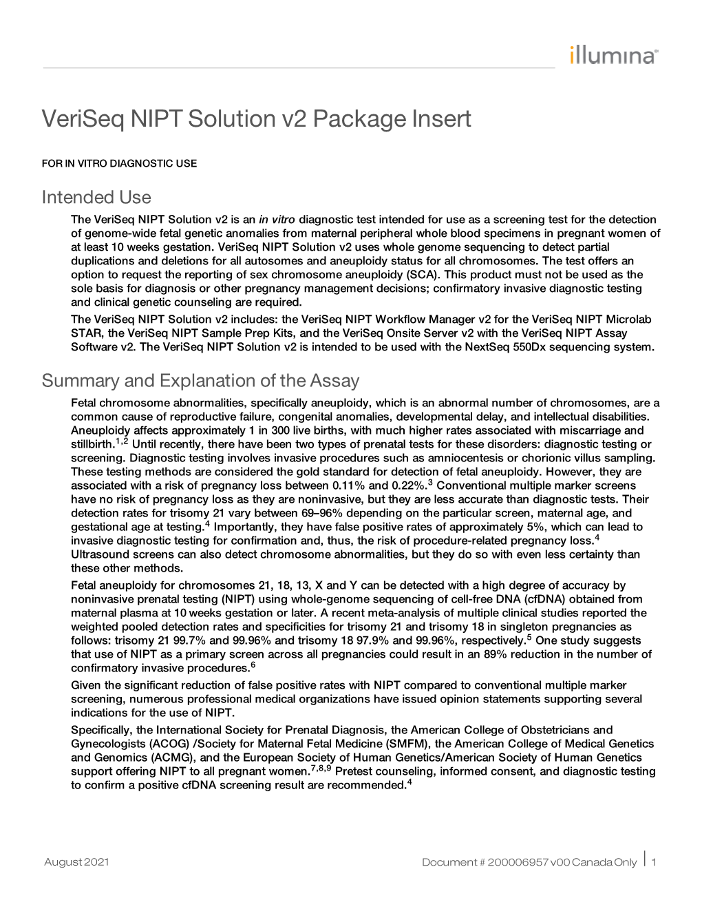 Veriseq NIPT Solution V2 Package Insert, Canada