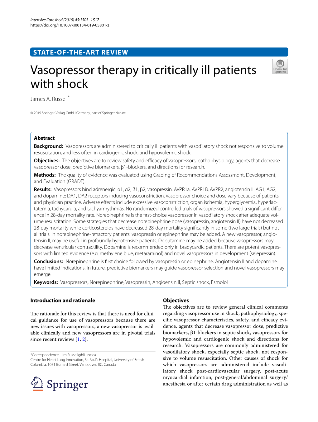 Vasopressor Therapy in Critically Ill Patients with Shock James A