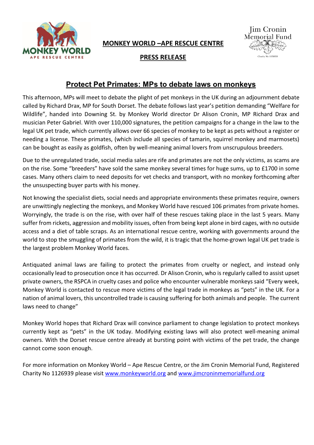 APE RESCUE CENTRE PRESS RELEASE Protect Pet Primates