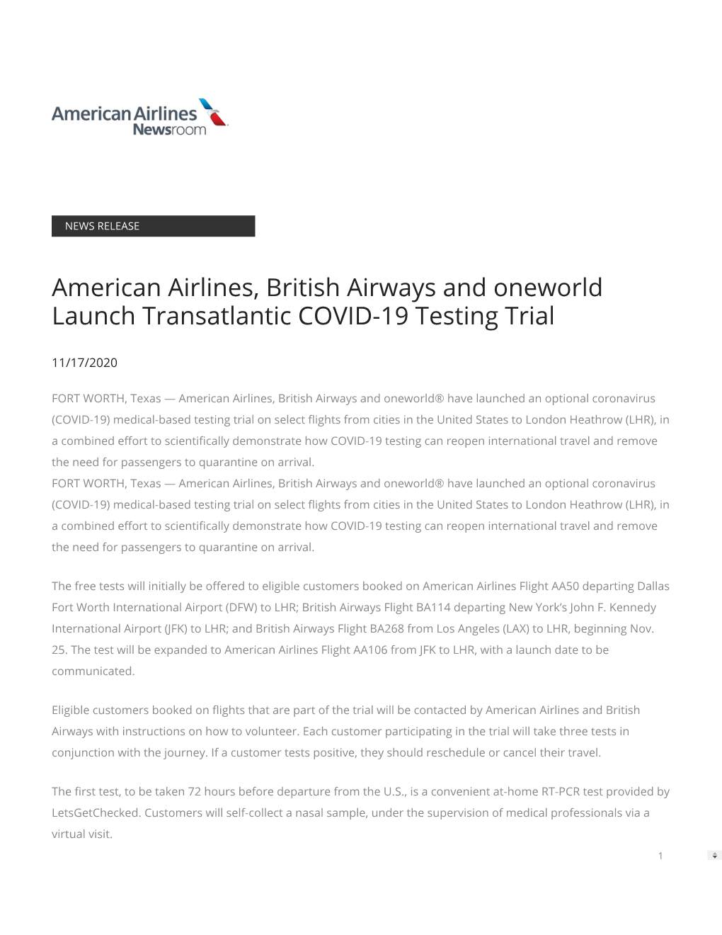 American Airlines, British Airways and Oneworld Launch Transatlantic COVID-19 Testing Trial