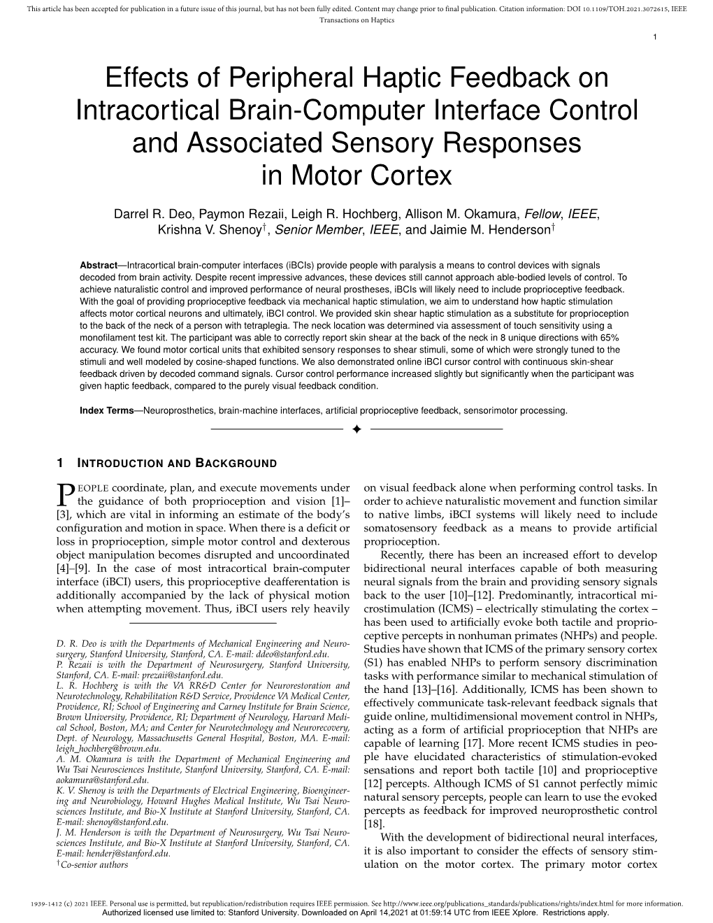 Effects of Peripheral Haptic Feedback on Intracortical Brain-Computer Interface Control and Associated Sensory Responses in Motor Cortex