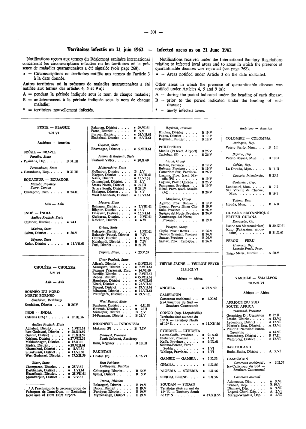 Territoires Infectés an 21 Juin 1962 — Infected Areas As on 21 Jane 1962