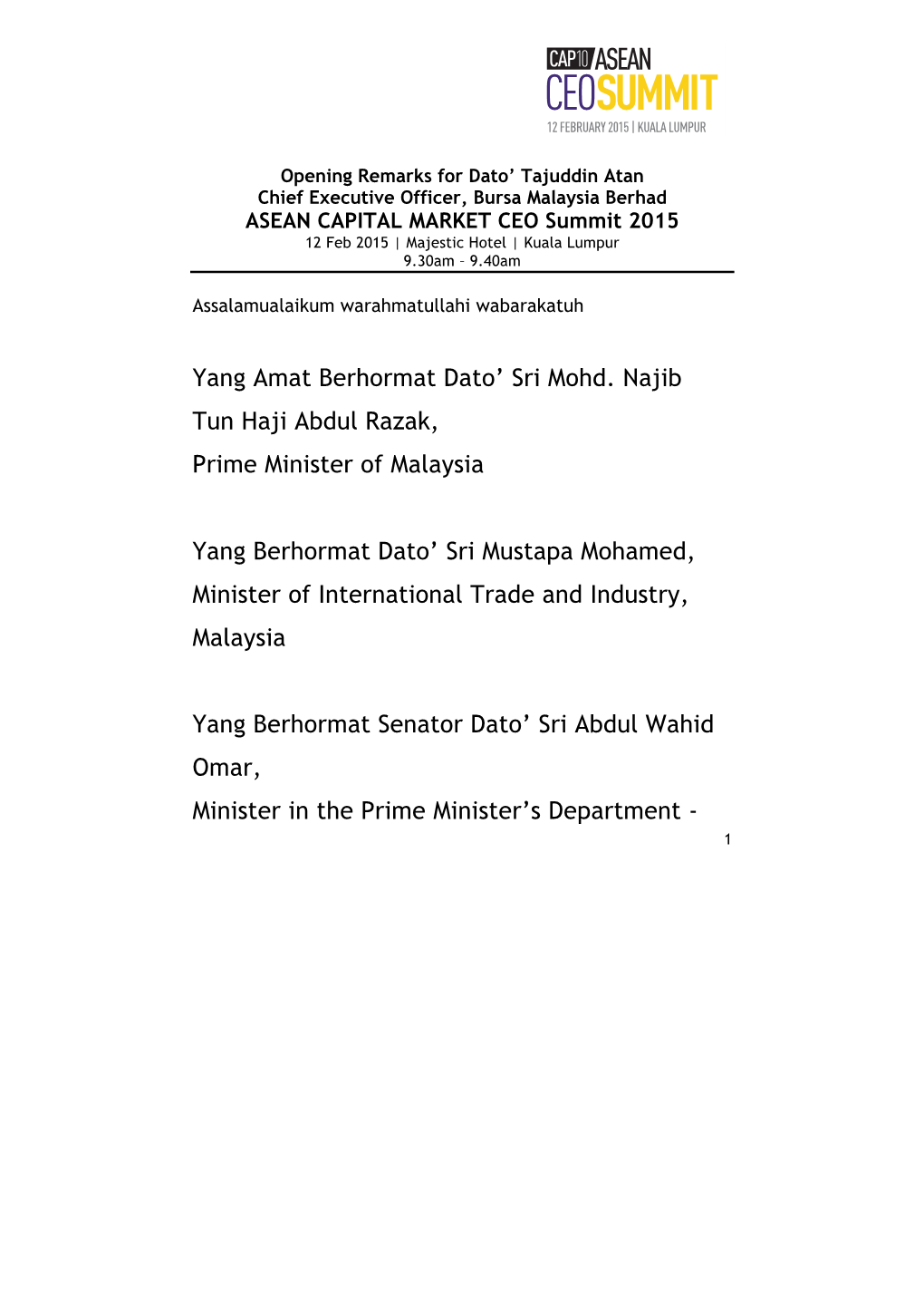 Yang Amat Berhormat Dato' Sri Mohd. Najib Tun Haji Abdul Razak, Prime