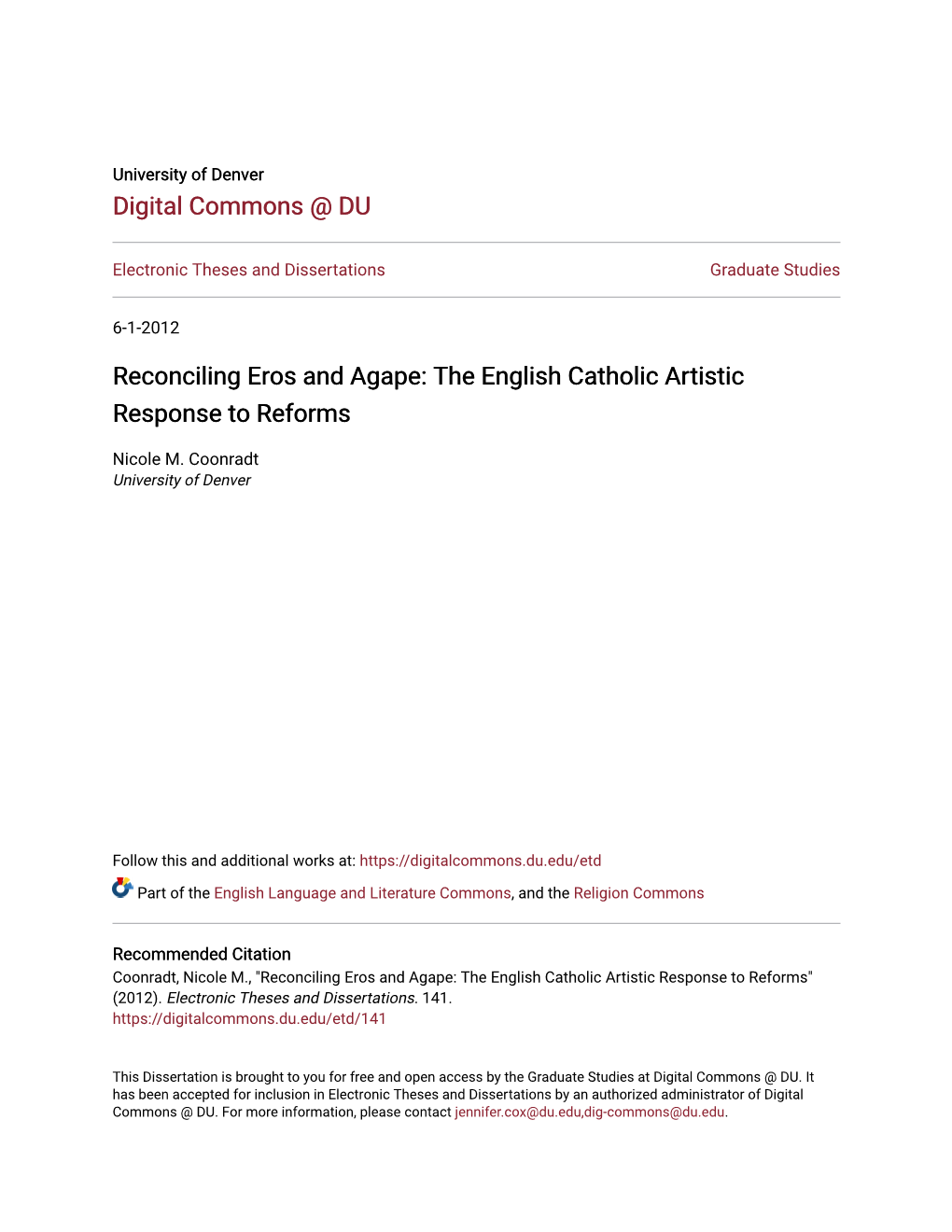 Reconciling Eros and Agape: the English Catholic Artistic Response to Reforms