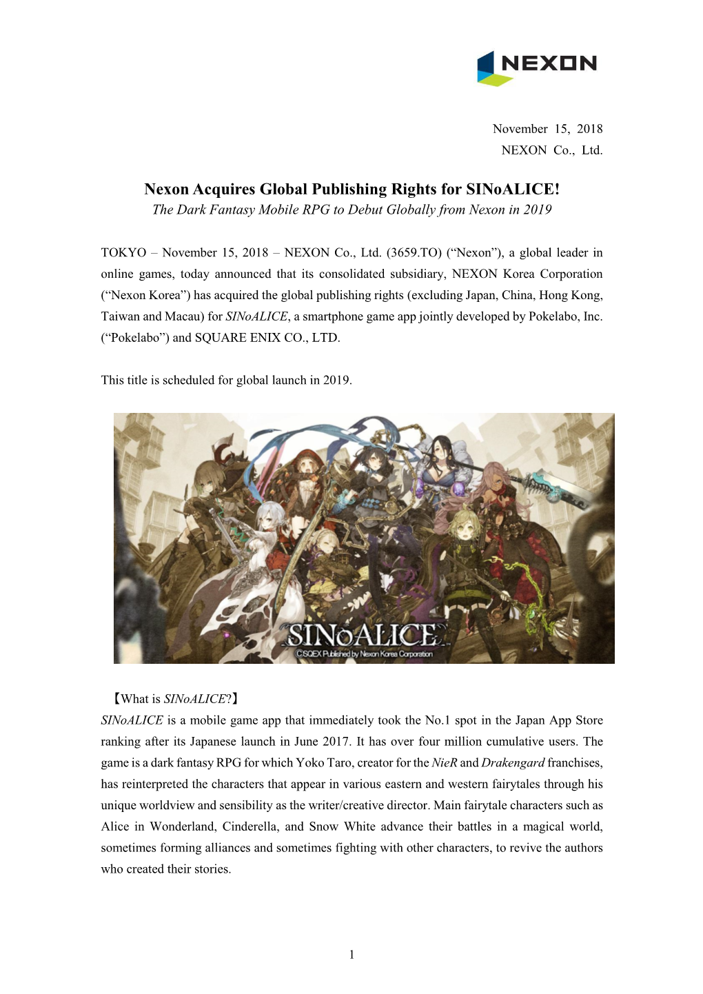 Nexon Acquires Global Publishing Rights for Sinoalice! the Dark Fantasy Mobile RPG to Debut Globally from Nexon in 2019