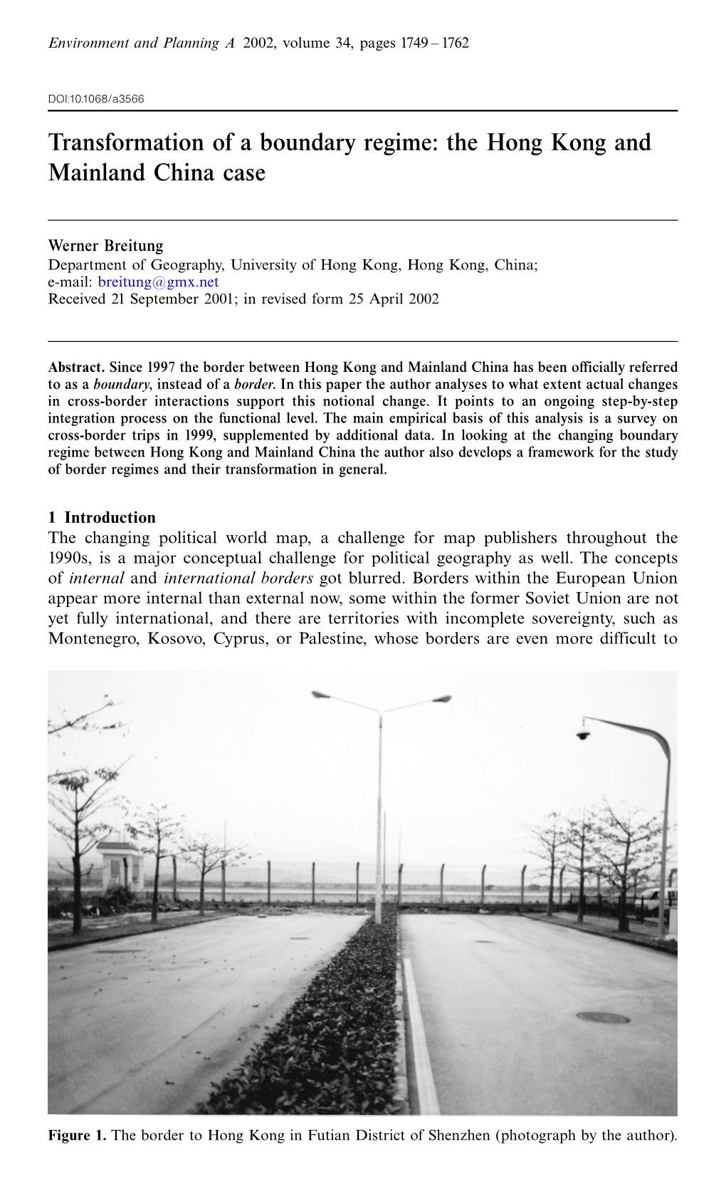 Transformation of a Boundary Regime: the Hong Kong and Mainland China Case