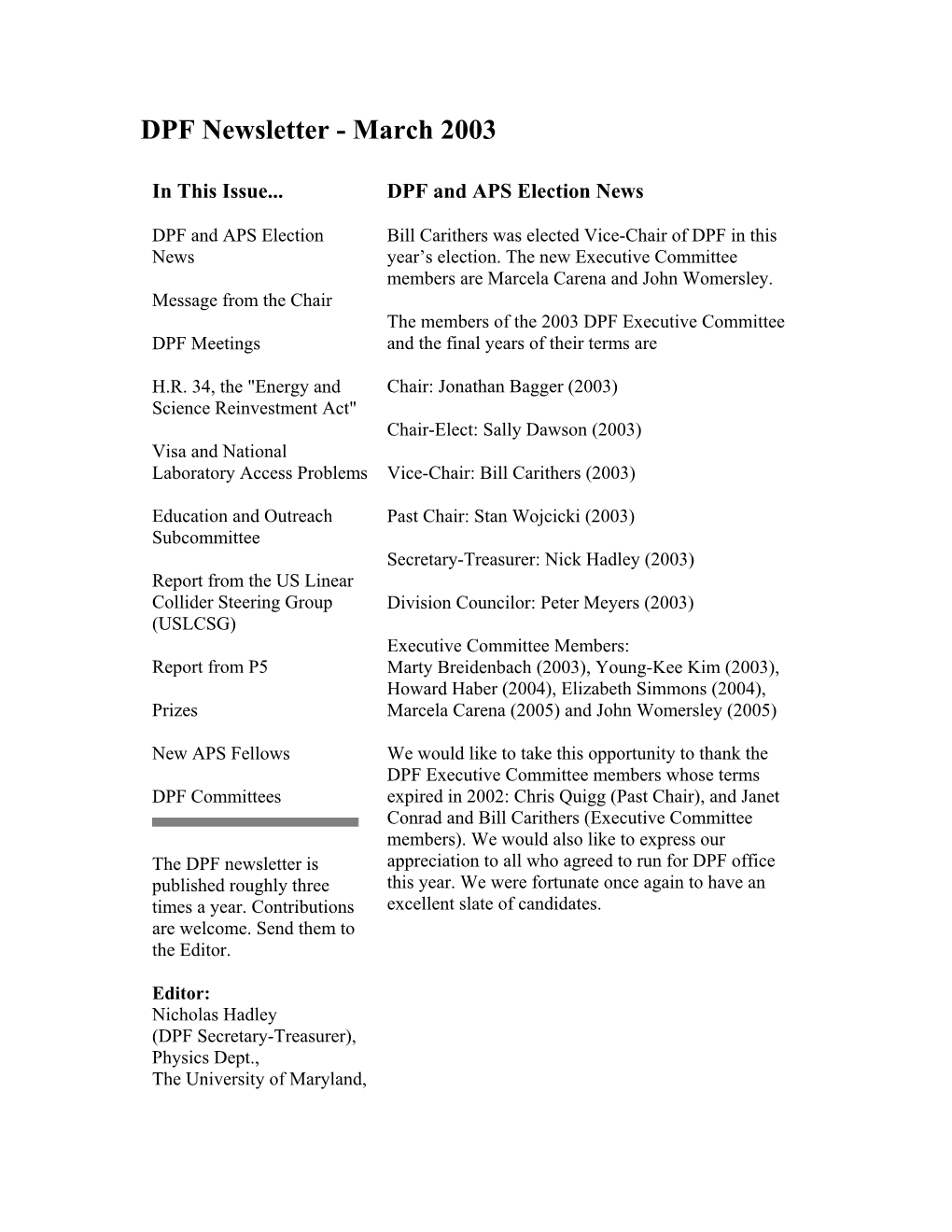 DPF Newsletter - March 2003
