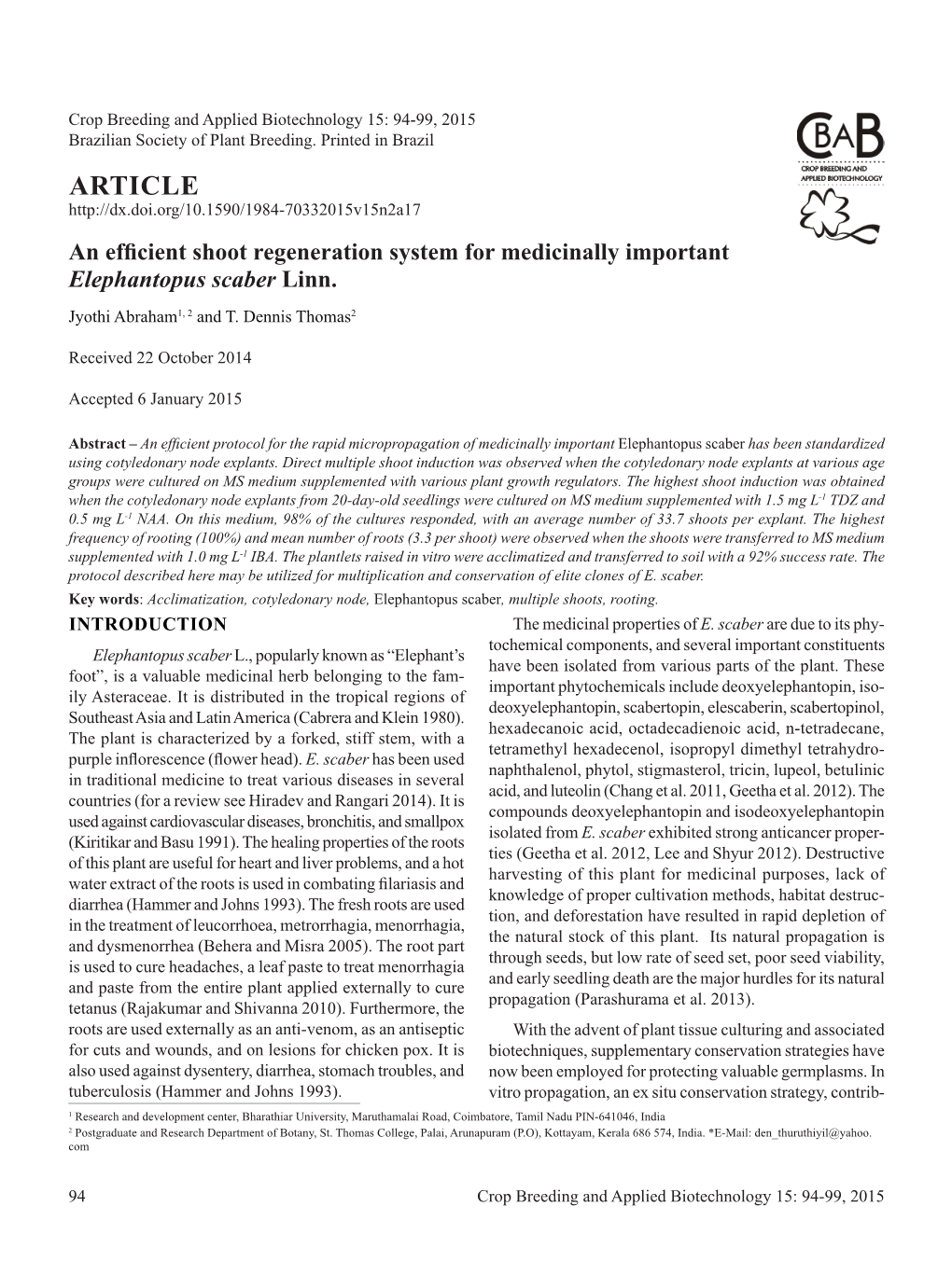 ARTICLE an Efficient Shoot Regeneration System for Medicinally Important Elephantopus Scaber Linn