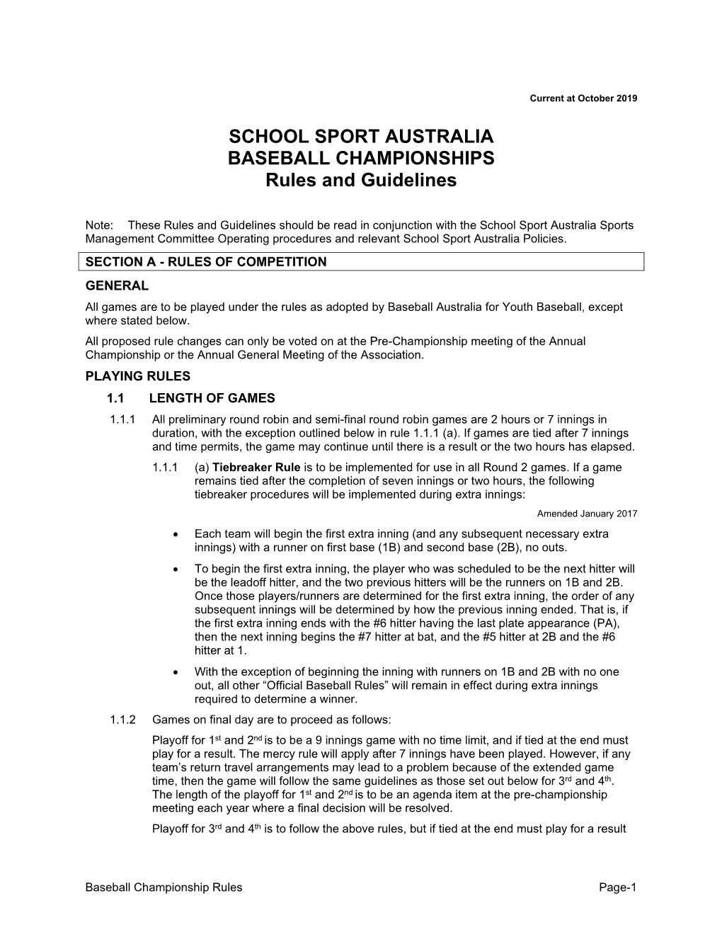 SCHOOL SPORT AUSTRALIA BASEBALL CHAMPIONSHIPS Rules and Guidelines