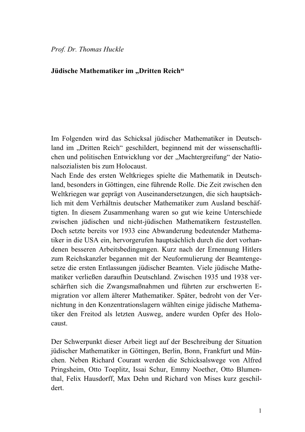 Prof. Dr. Thomas Huckle Jüdische Mathematiker Im „Dritten Reich“ Im