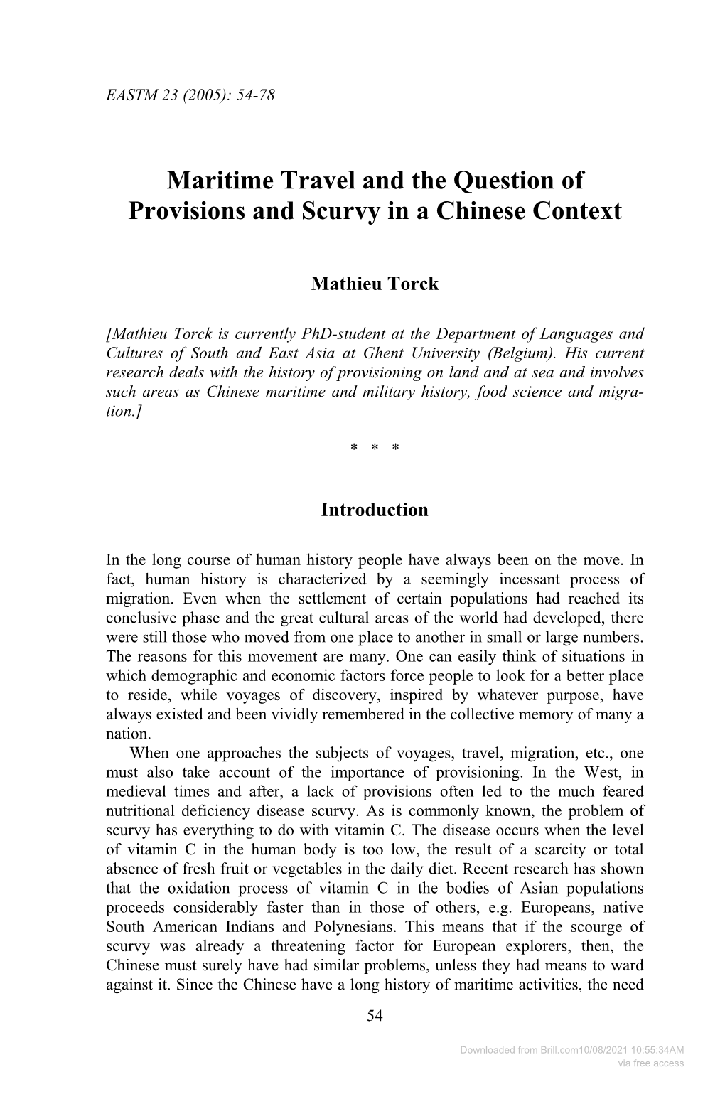 Downloaded from Brill.Com10/08/2021 10:55:34AM Via Free Access Mathieu Torck: Maritime Travel and Scurvy in a Chinese Context 55