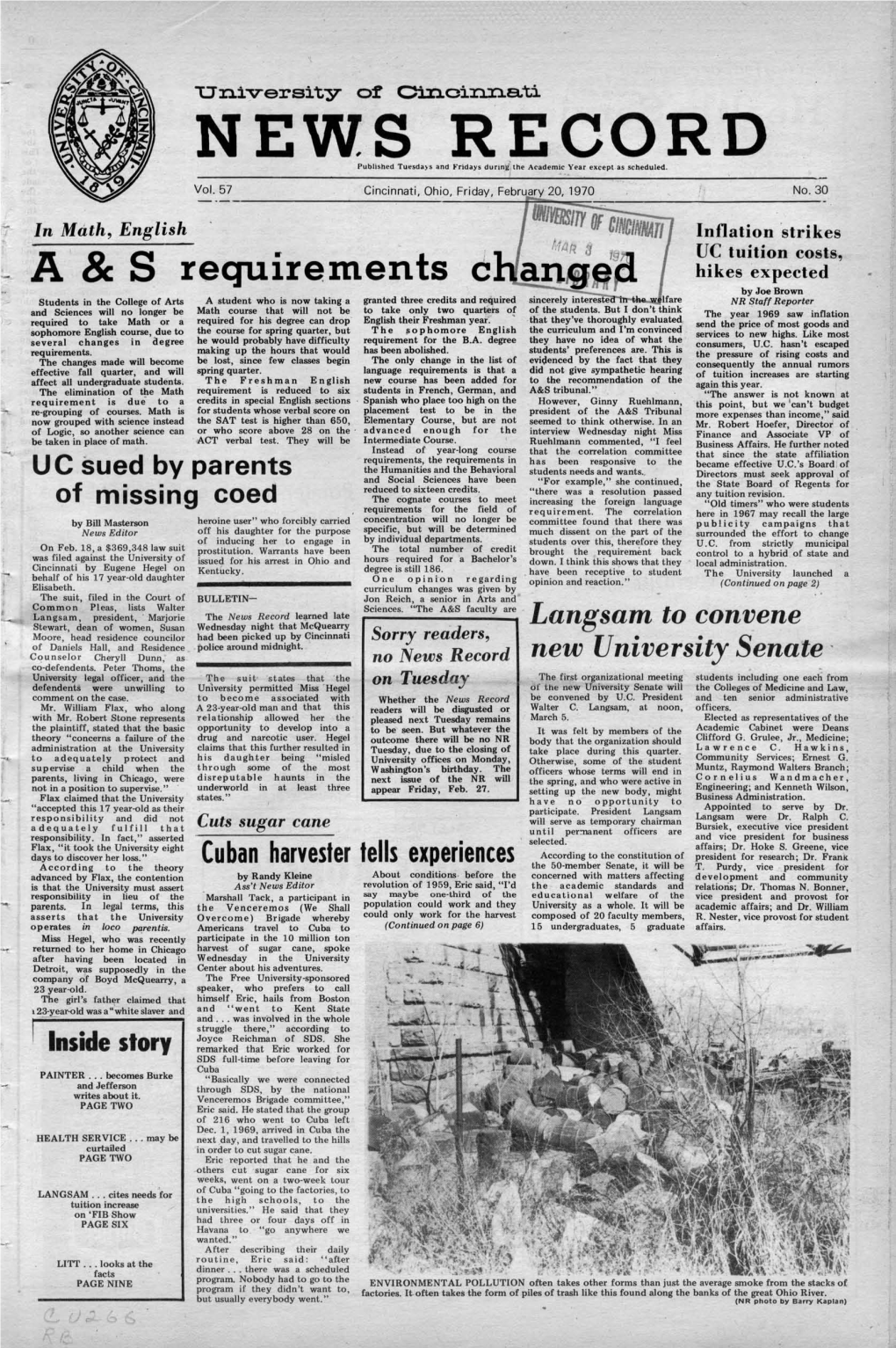 University of Cincinnati News Record. Friday, February 20, 1970. Vol. LVII
