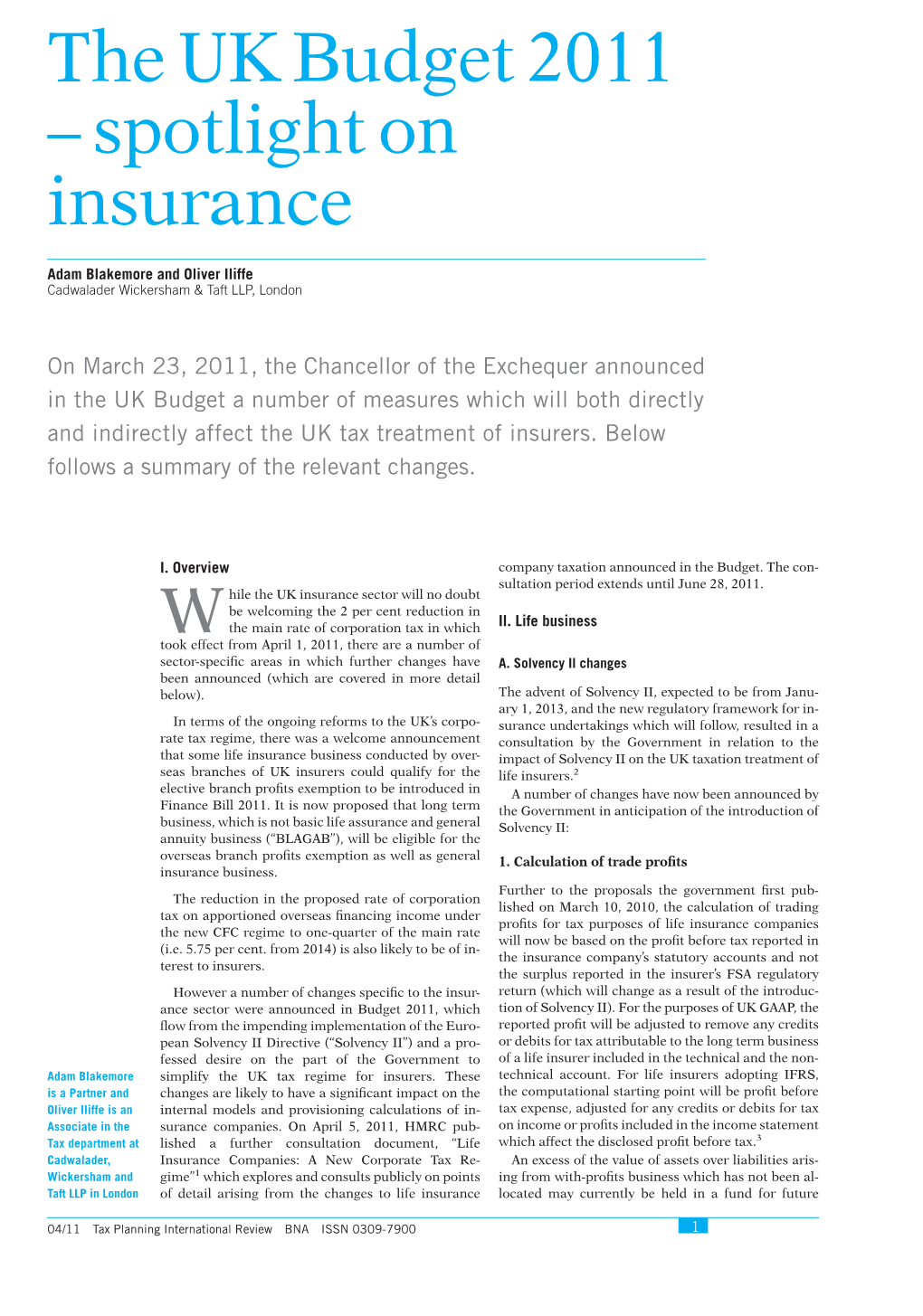 The UK Budget 2011 – Spotlight on Insurance