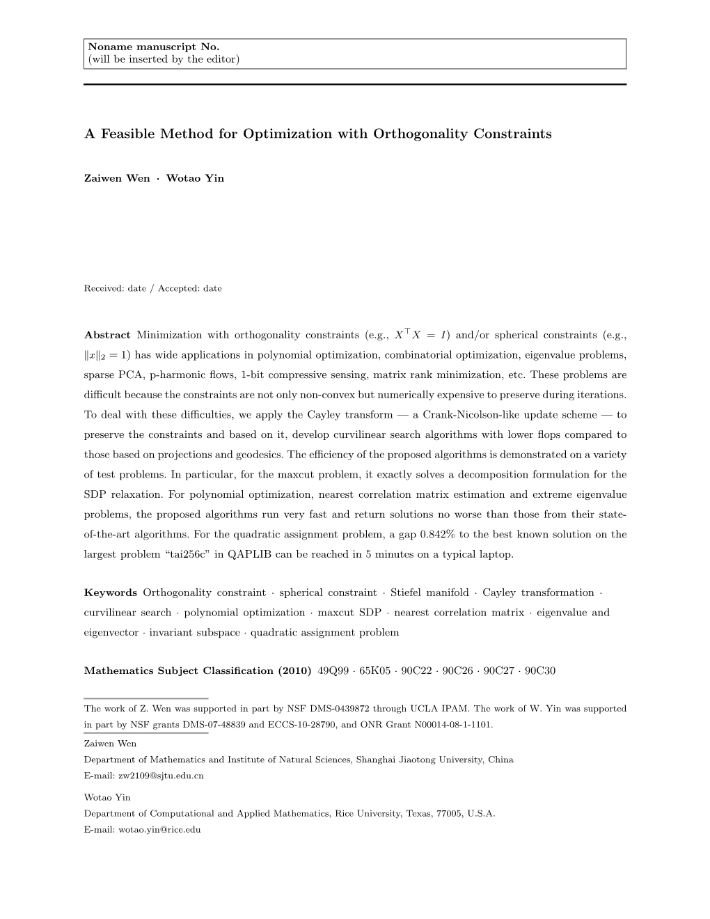 A Feasible Method for Optimization with Orthogonality Constraints