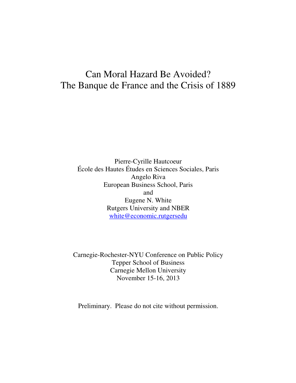 Can Moral Hazard Be Avoided? the Banque De France and the Crisis of 1889