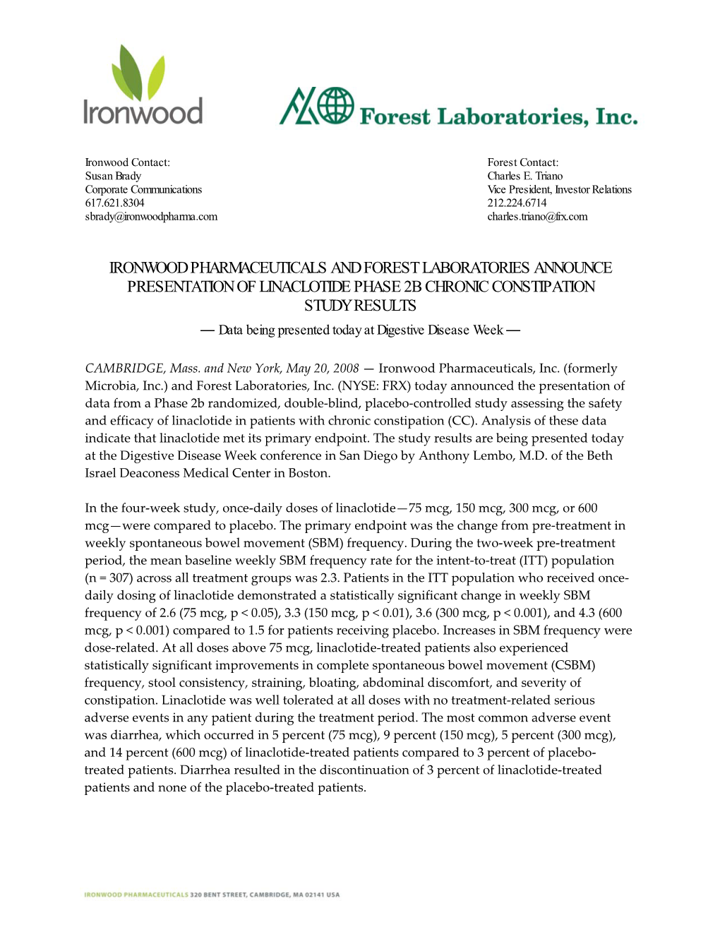Ironwood Pharmaceuticals and Forest Laboratories Announce
