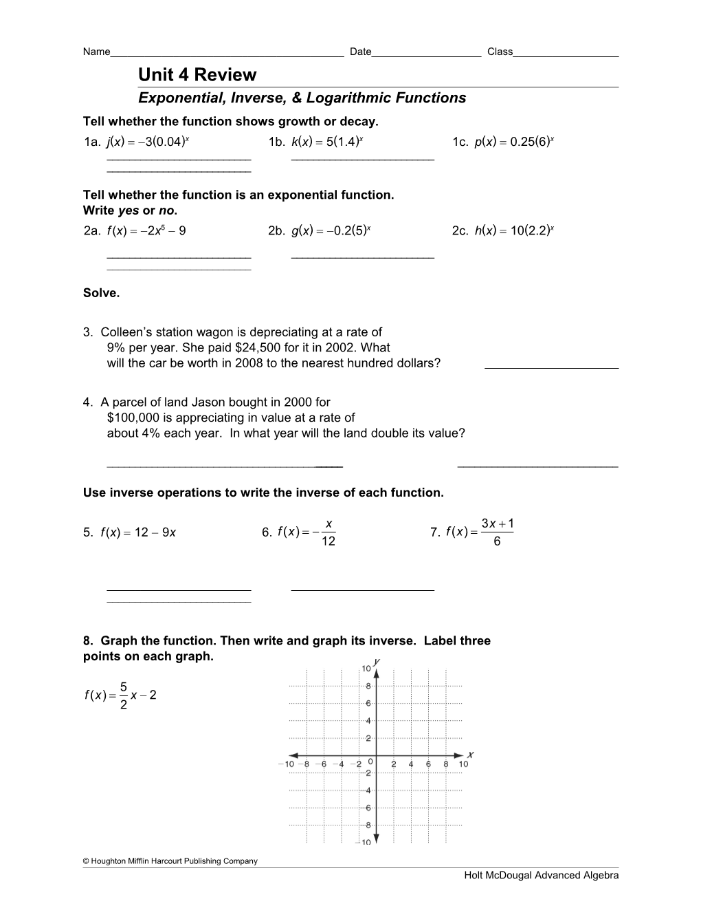 Exponential, Inverse, & Logarithmic Functions