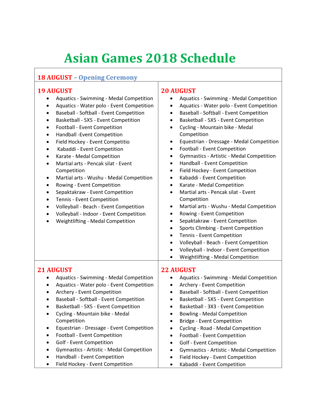 Asian Games 2018 Schedule