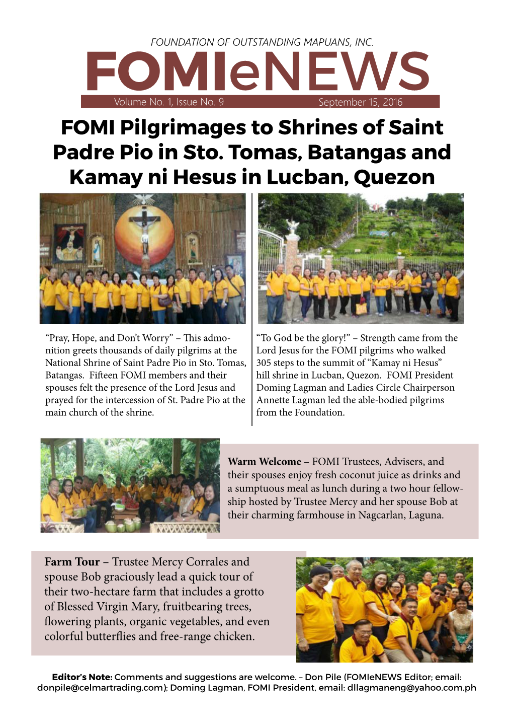 FOMI Pilgrimages to Shrines of Saint Padre Pio in Sto. Tomas, Batangas and Kamay Ni Hesus in Lucban, Quezon