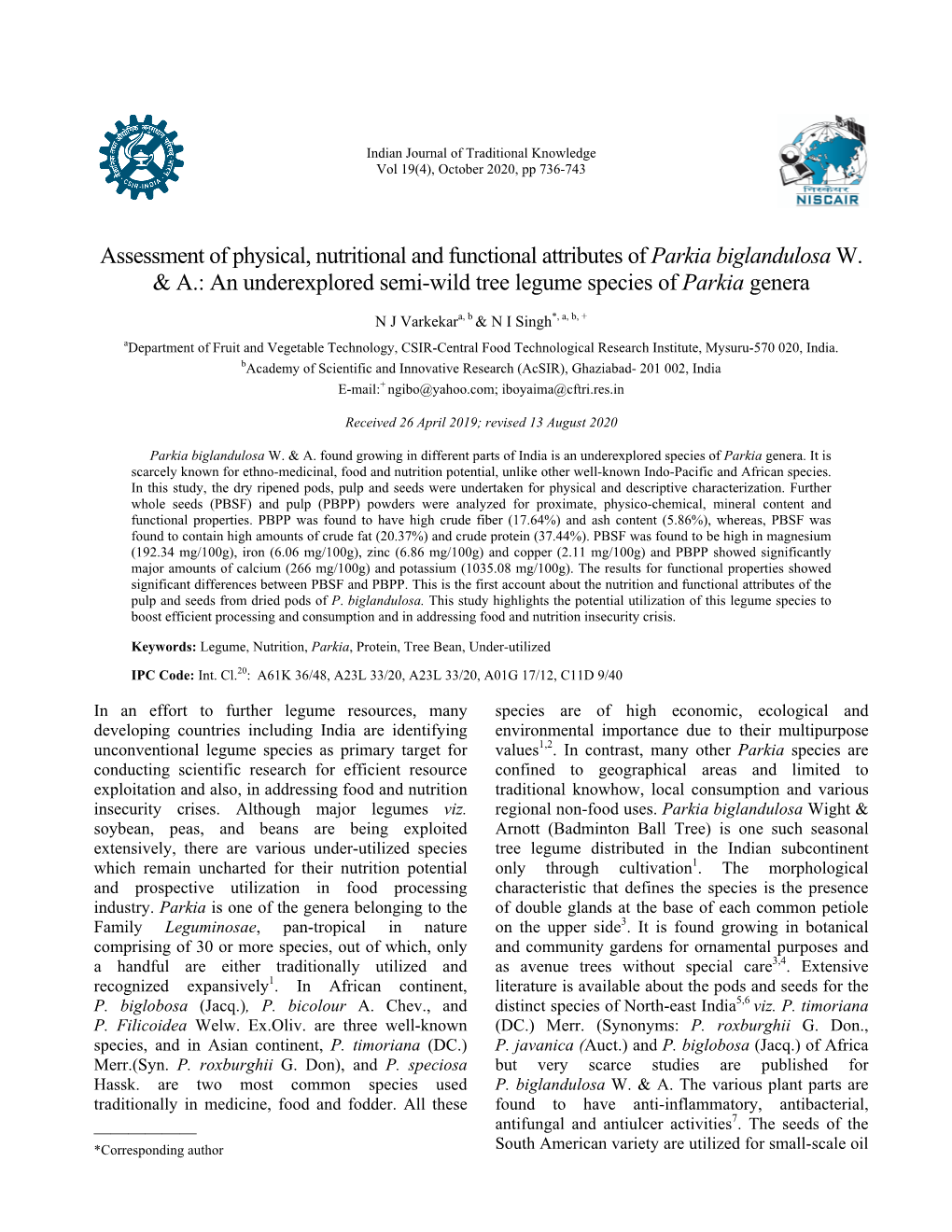 Assessment of Physical, Nutritional and Functional Attributes of Parkia Biglandulosa W