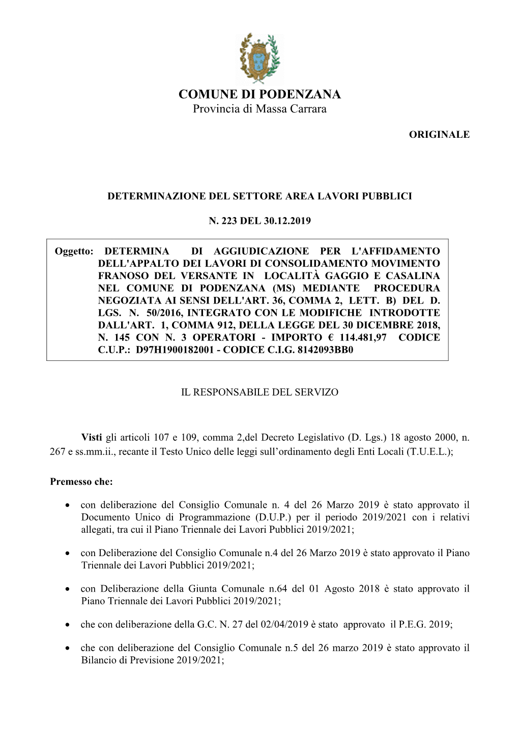 COMUNE DI PODENZANA Provincia Di Massa Carrara