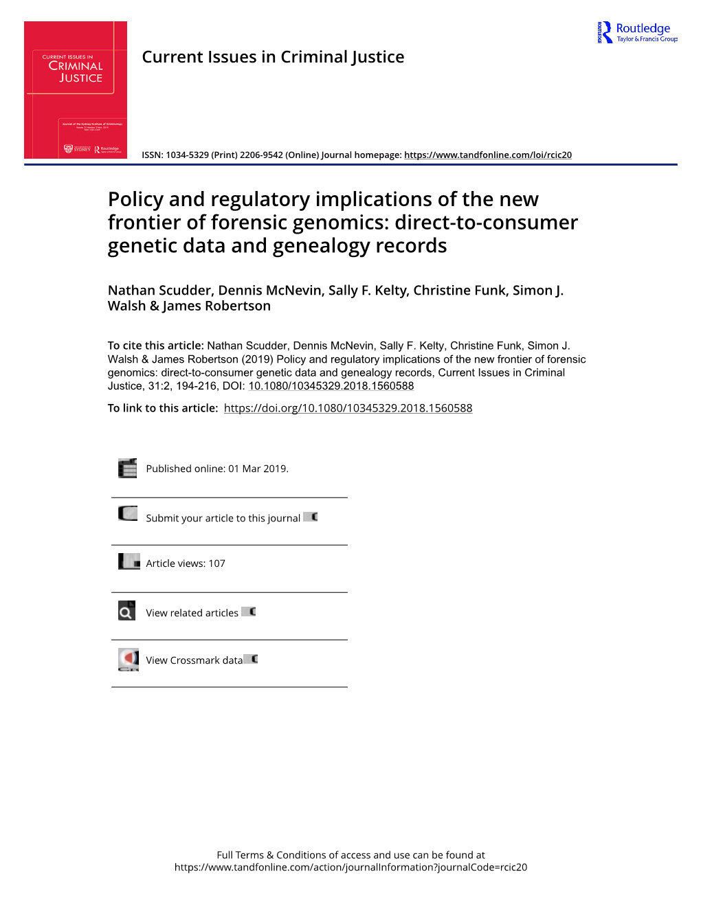 Policy and Regulatory Implications of the New Frontier of Forensic Genomics: Direct-To-Consumer Genetic Data and Genealogy Records