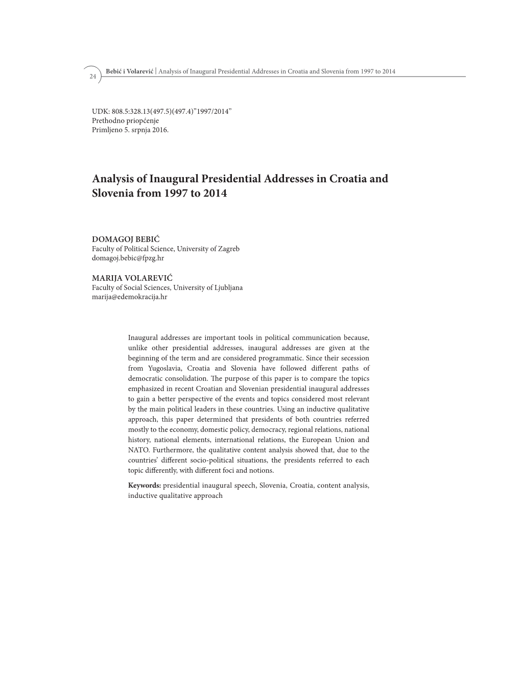 Analysis of Inaugural Presidential Addresses in Croatia and Slovenia from 1997 to 2014 24