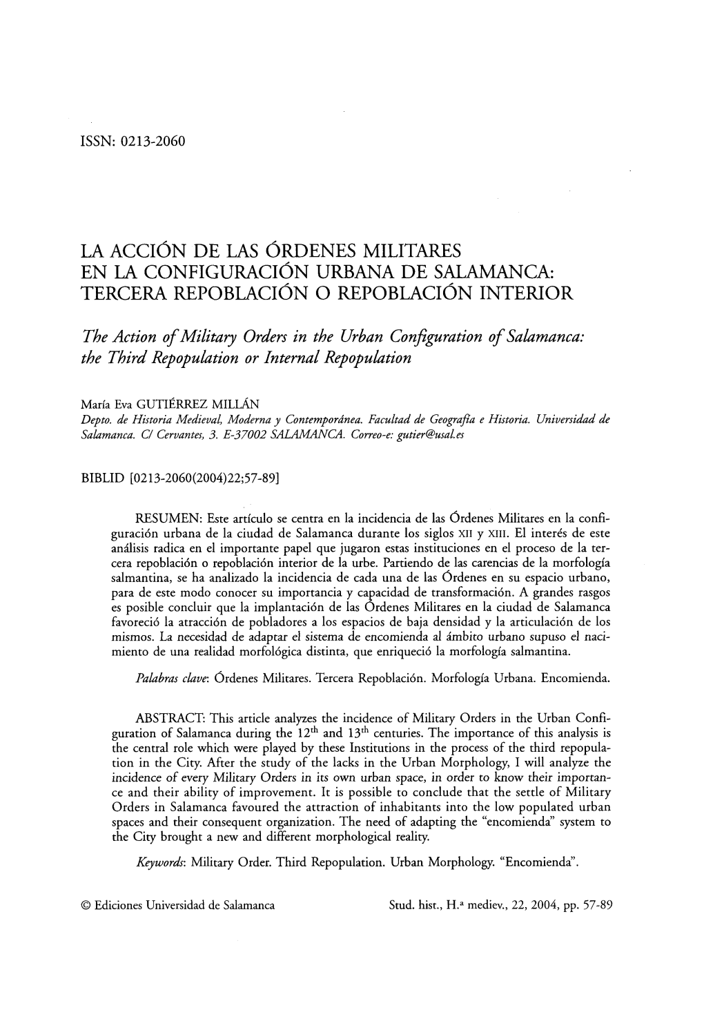 La Acción De Las Órdenes Militares En La Configuración Urbana De Salamanca: Tercera Repoblación O Repoblación Interior