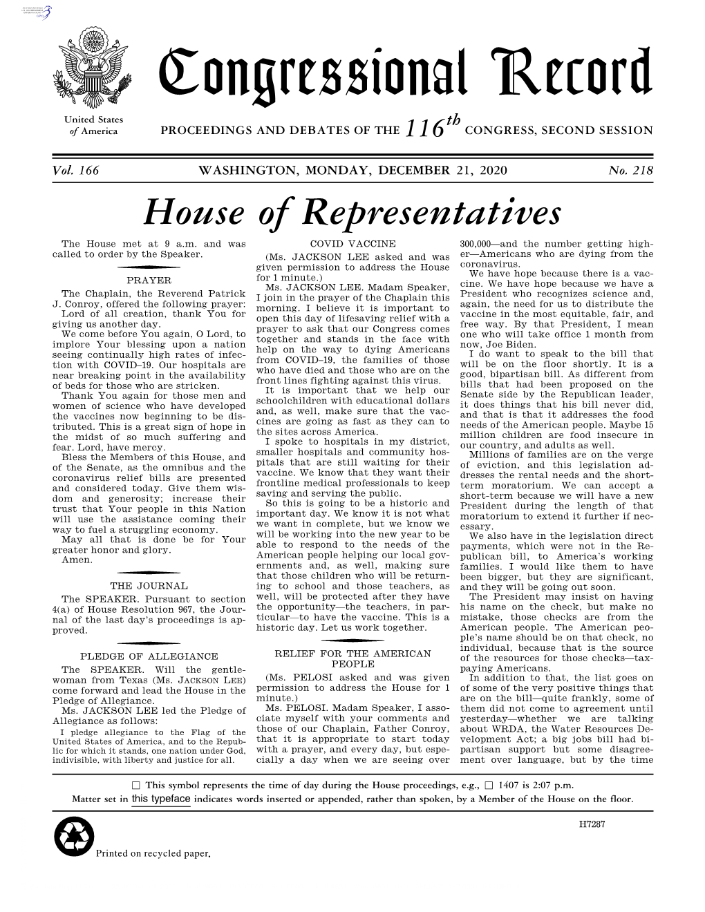 Congressional Record United States Th of America PROCEEDINGS and DEBATES of the 116 CONGRESS, SECOND SESSION