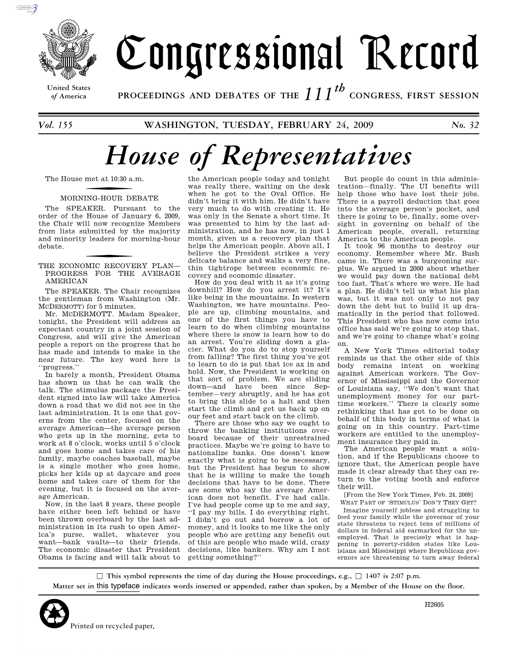 Congressional Record United States Th of America PROCEEDINGS and DEBATES of the 111 CONGRESS, FIRST SESSION