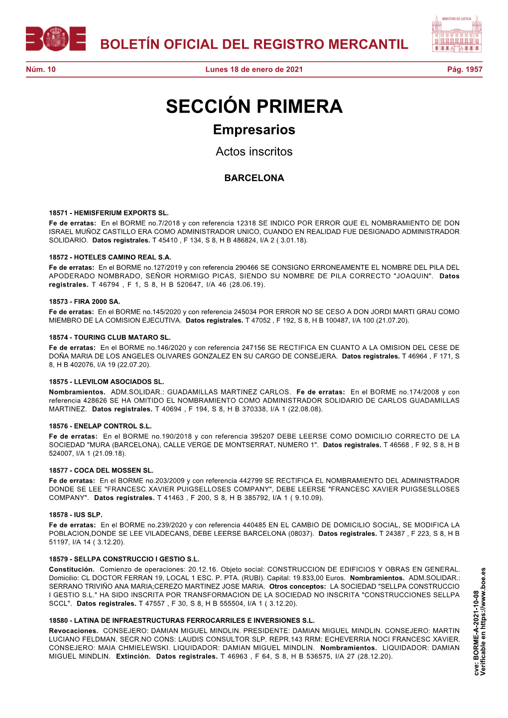 Actos De BARCELONA Del BORME Núm. 10 De 2021