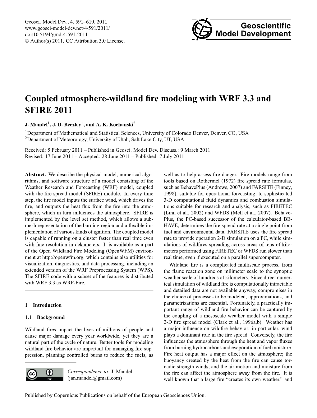 Coupled Atmosphere-Wildland Fire Modeling with WRF 3.3