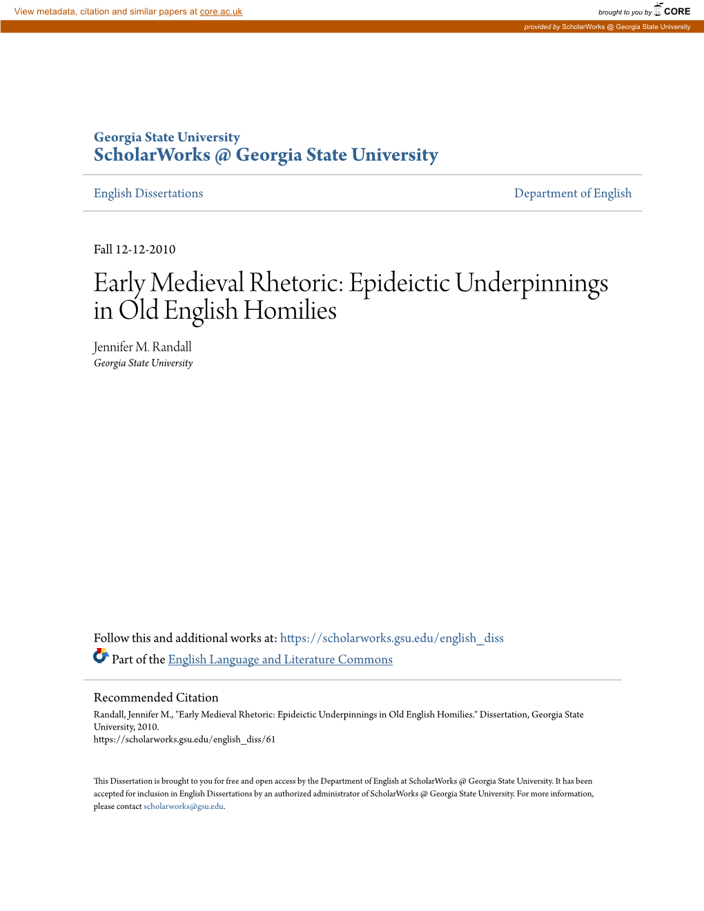 Early Medieval Rhetoric: Epideictic Underpinnings in Old English Homilies Jennifer M