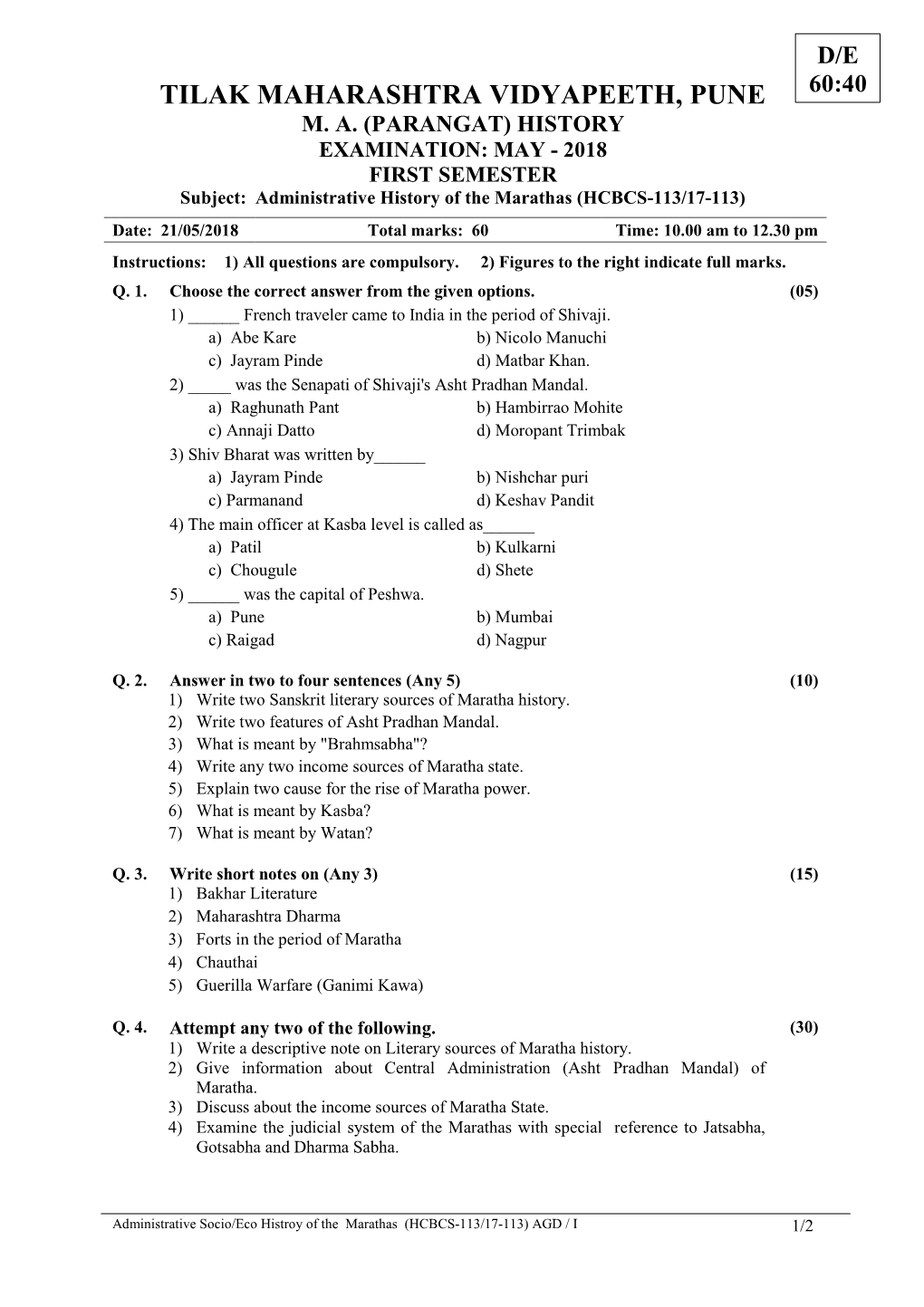 HCBCS 113 Administrative Histroy of Maratha