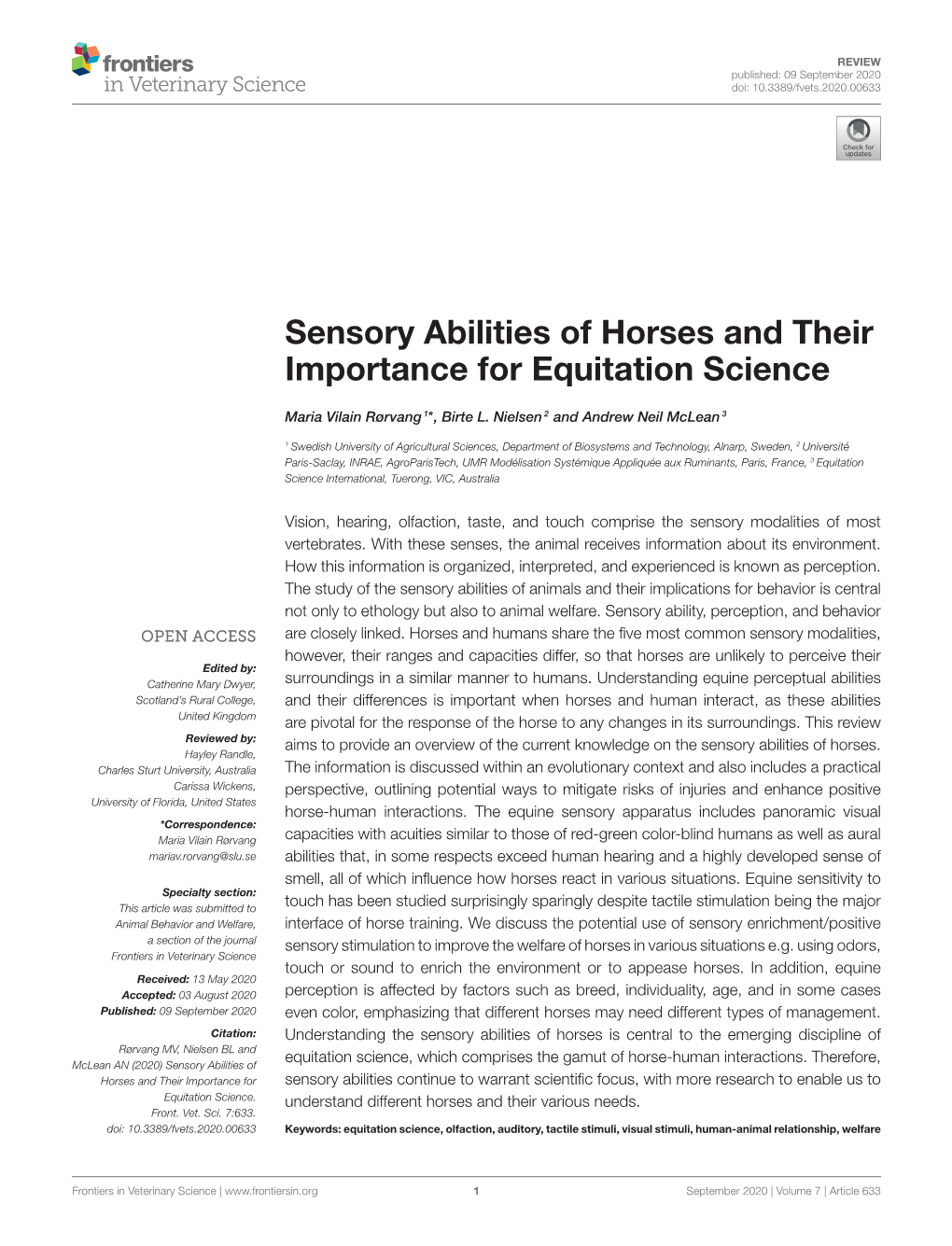 Sensory Abilities of Horses and Their Importance for Equitation Science