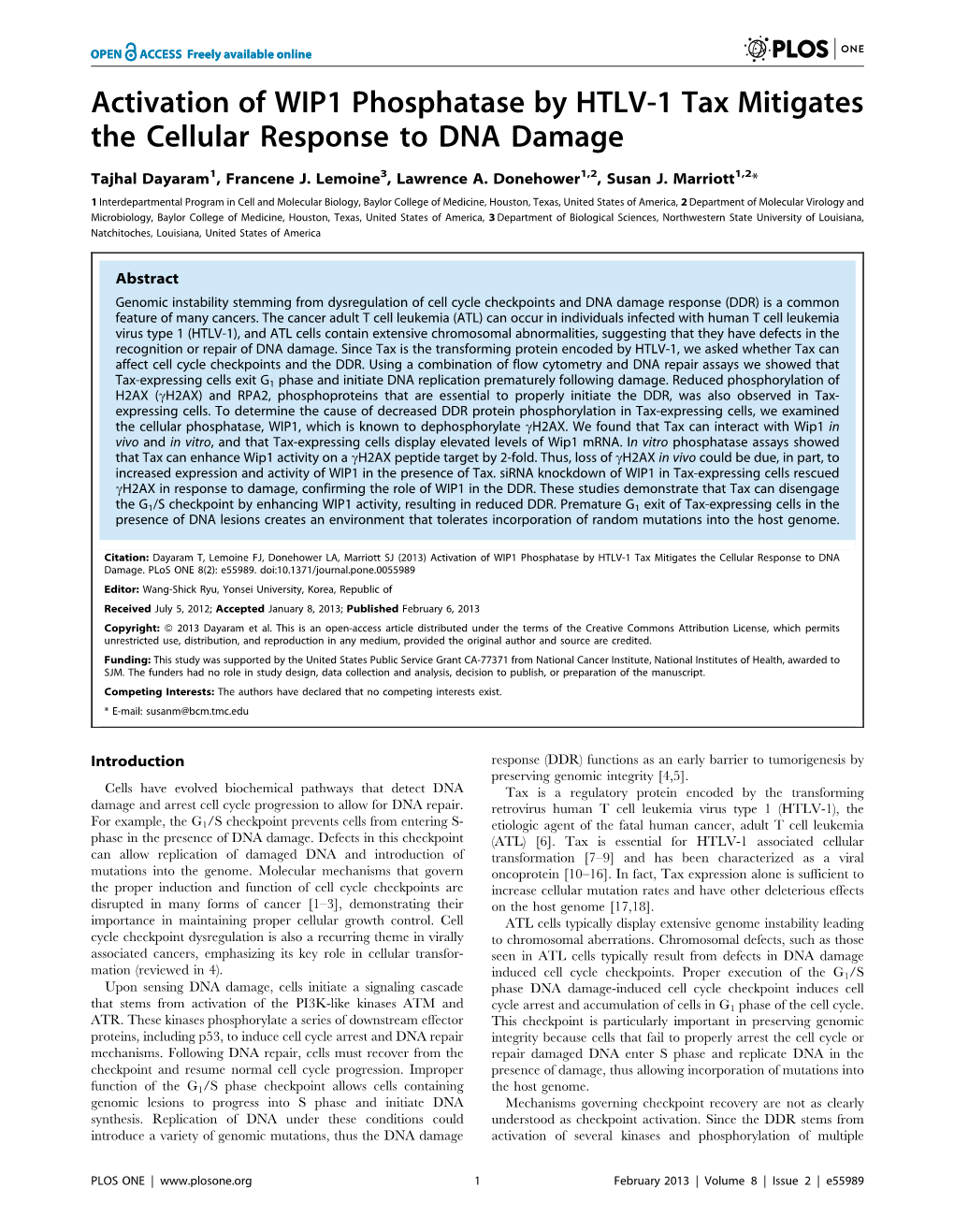 Activation of WIP1 Phosphatase by HTLV-1 Tax Mitigates the Cellular Response to DNA Damage