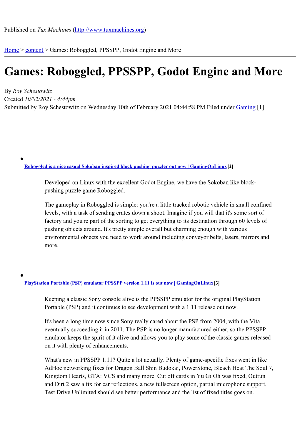 Games: Roboggled, PPSSPP, Godot Engine and More