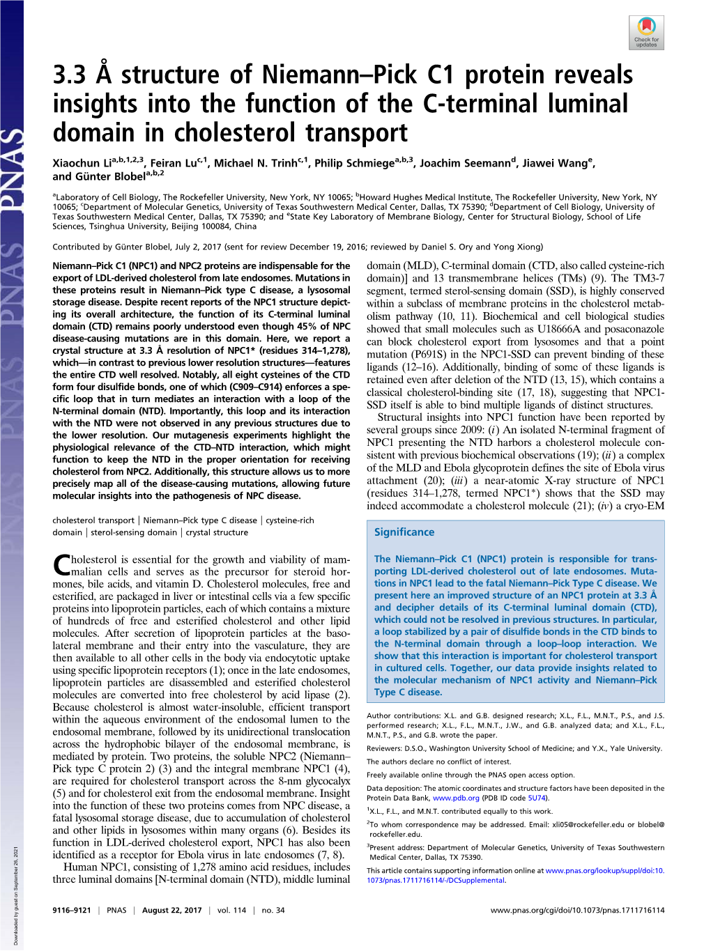 3.3 Å Structure of Niemann–Pick C1 Protein Reveals Insights Into the Function of the C-Terminal Luminal Domain in Cholesterol Transport