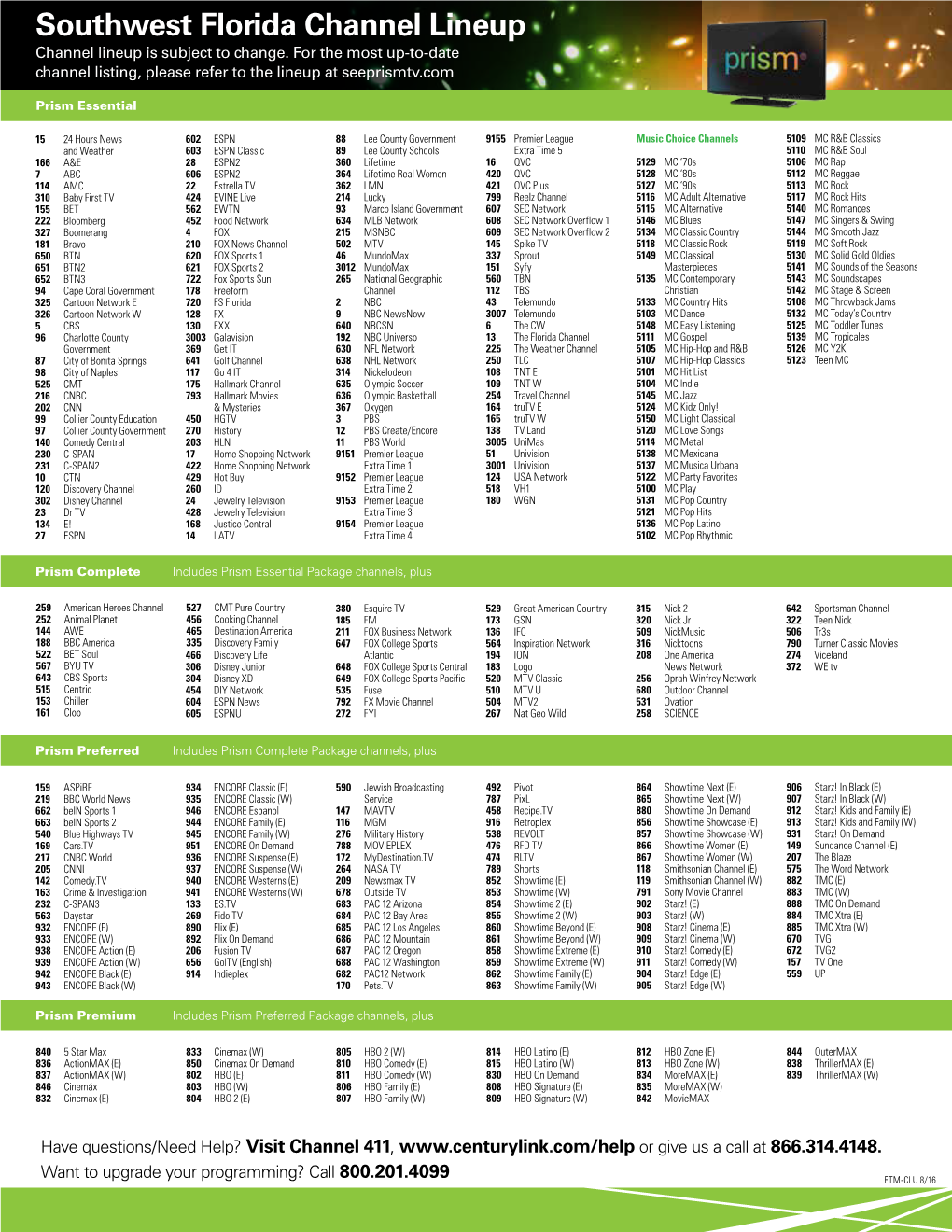 Southwest Florida Channel Lineup Channel Lineup Is Subject to Change